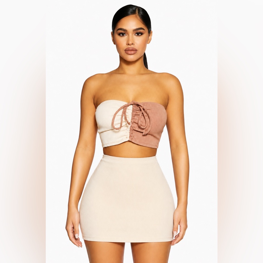 Naked Wardrobe Tones-Tied Tube Crop Top & Snatched Mini Skirt Set